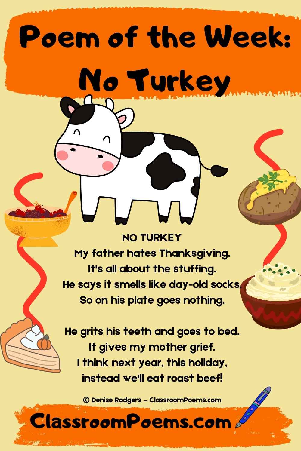 NO TURKEY, a Thanksgiving Poem of the Week  by Denise Rodgers on ClassroomPoems.com.