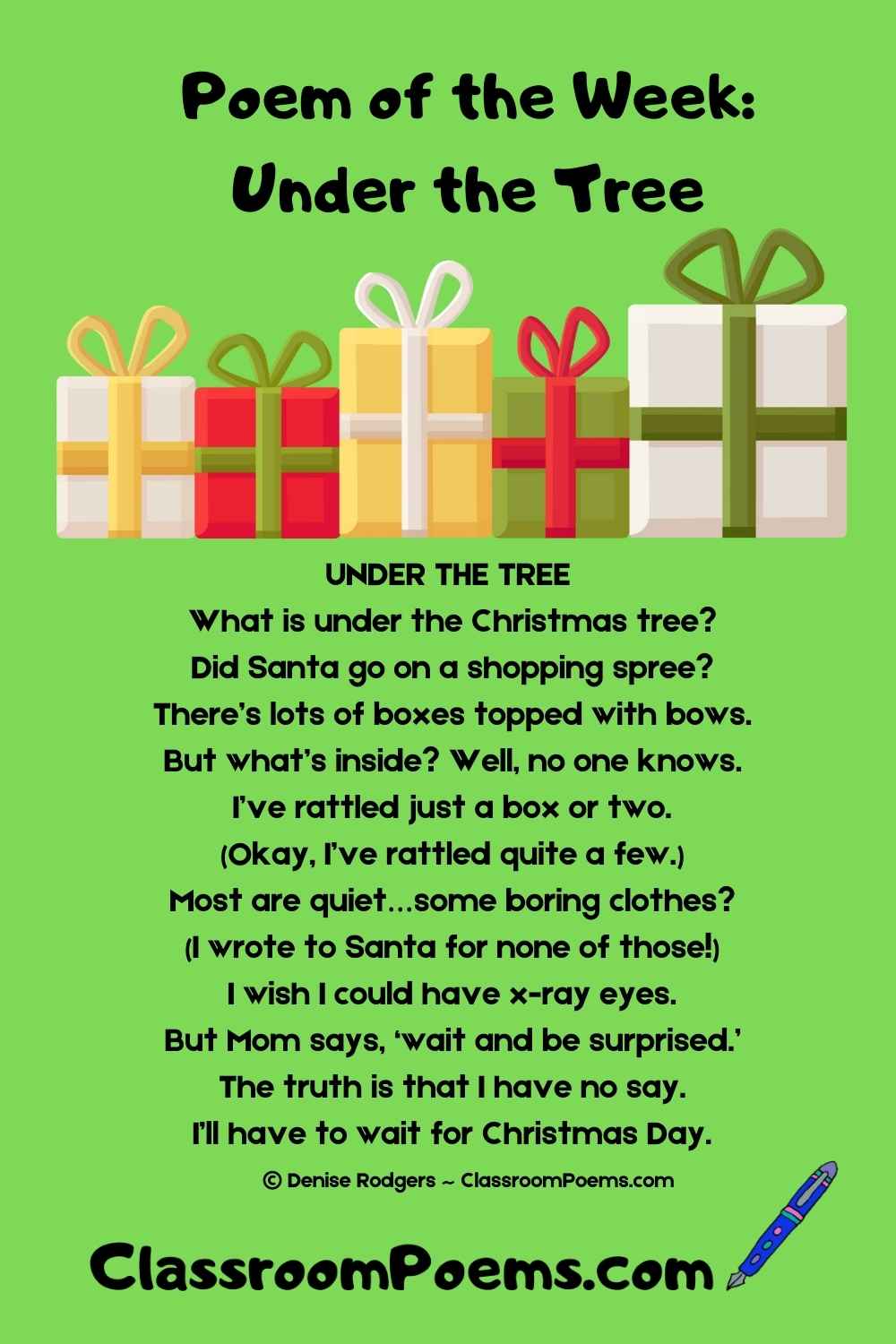 UNDER THE TREE, a Christmas poem for kids by Denise Rodgers on ClassroomPoems.com.